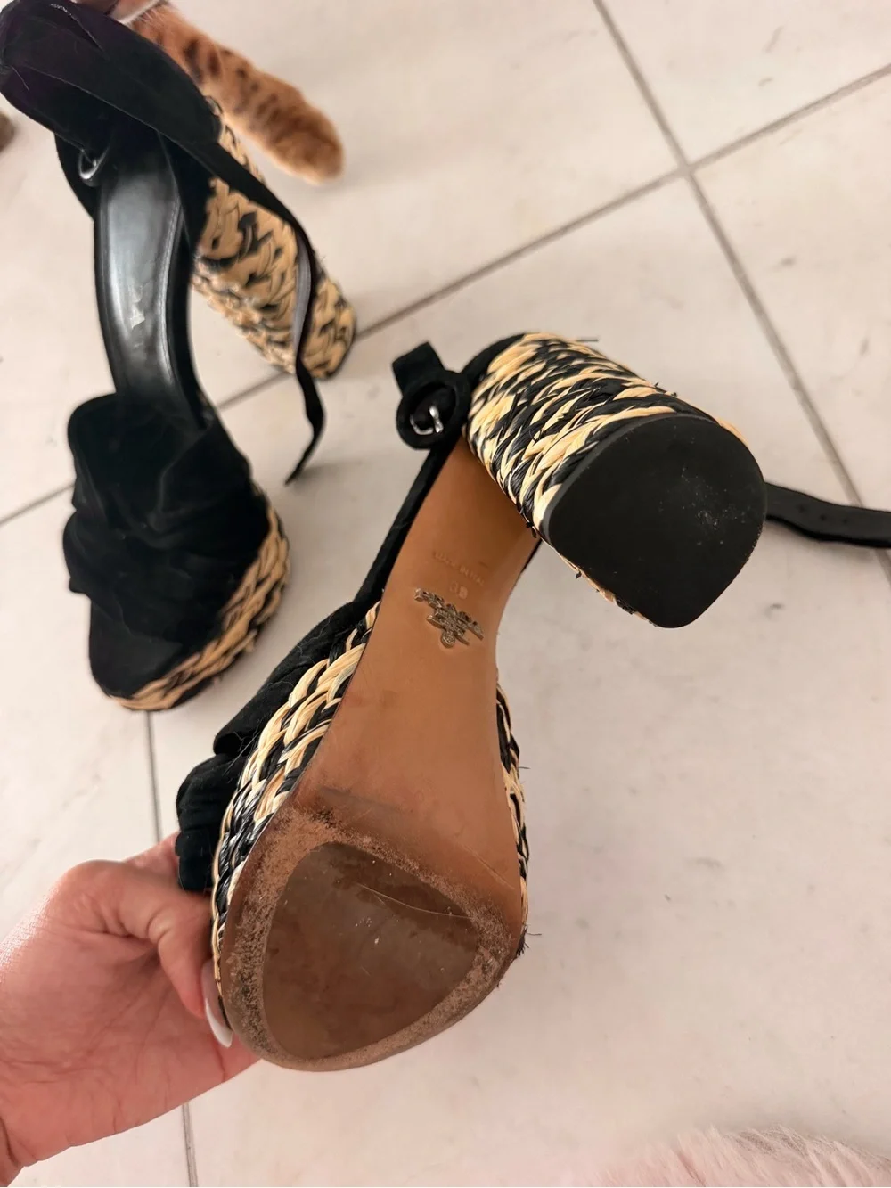 Prada Black Braided Platform Sandals with Woven Heel